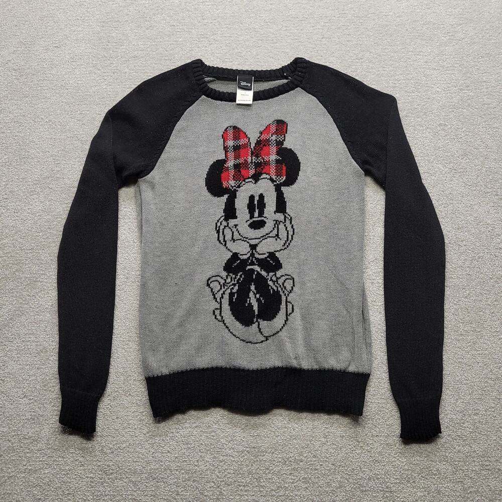 Disney Minnie Mouse Womens Small Sweater Plaid Bow Gray Black Knit Pullover